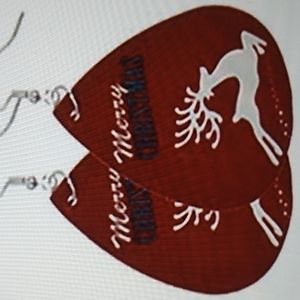1.5 x 3 inches fake leather Christmas earrings Merry Christmas in Red w Reindeer
